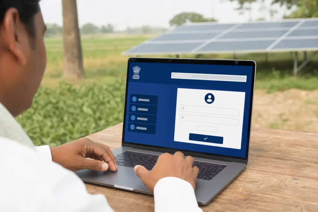 Farmer checking Kusum beneficiary login and application status on a laptop near solar panels