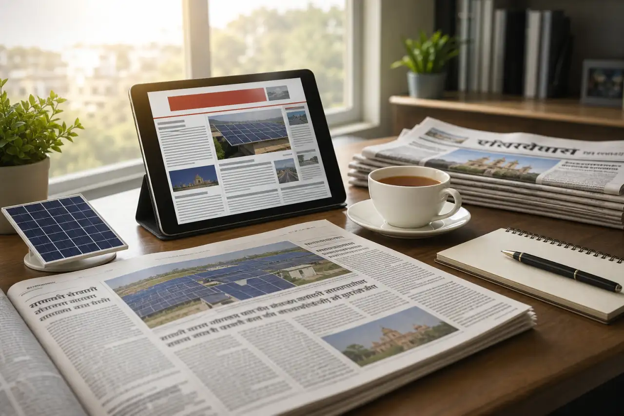Newspaper and tablet showing the latest Kusum Mahaurja solar scheme news and updates