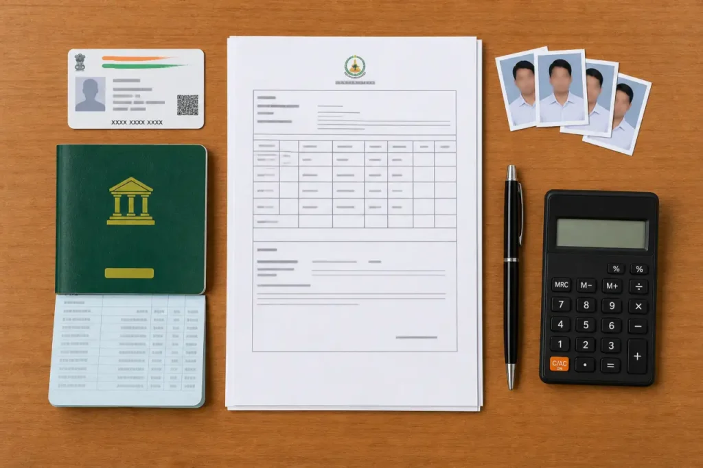 Documents required for Kusum solar pump yojana application arranged on a desk