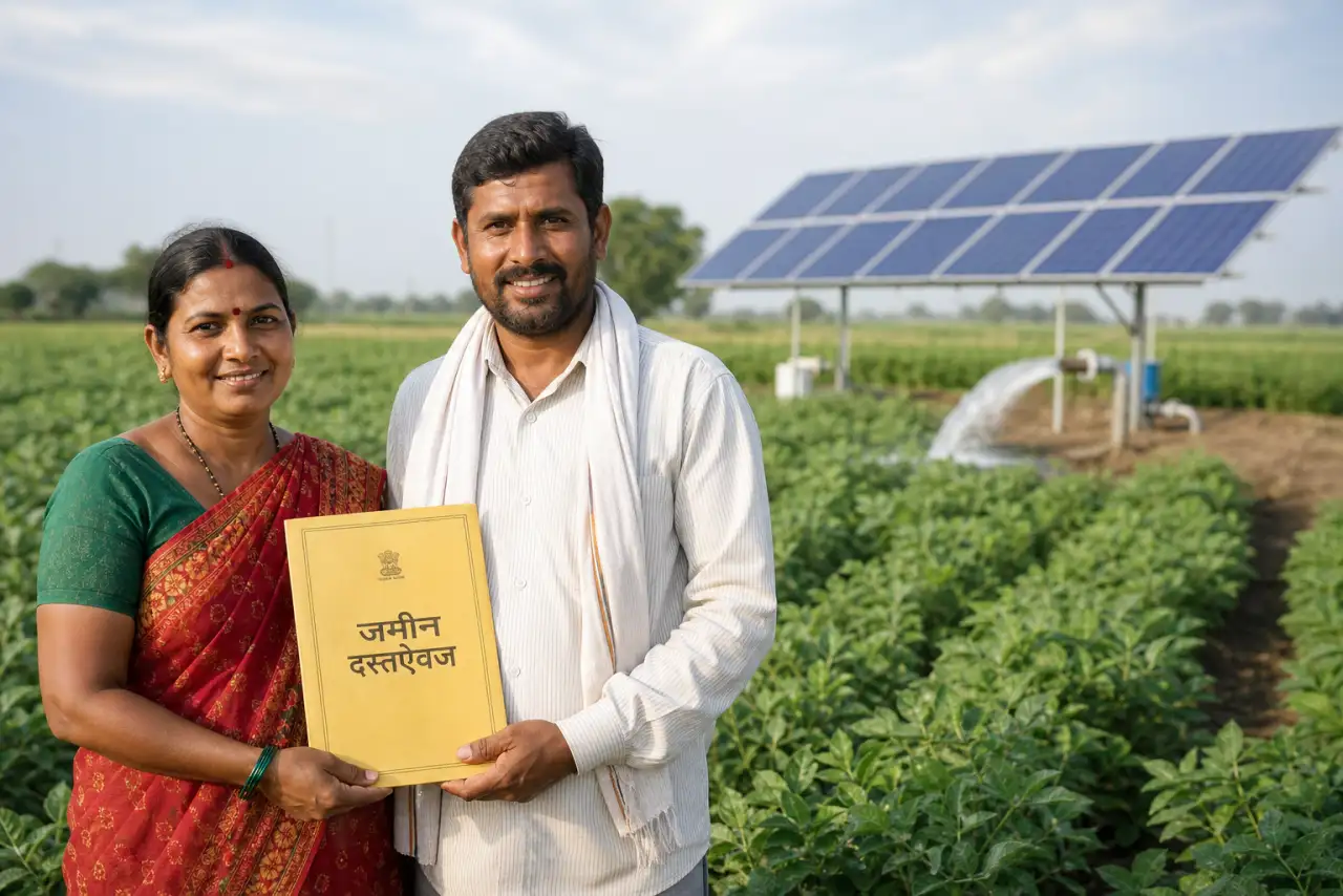 Eligible Maharashtra farmer couple holding land documents near a solar agriculture pump