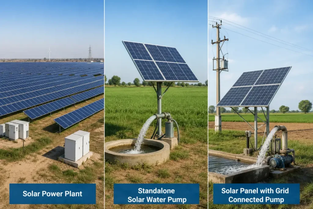 PM-KUSUM components A B C: solar power plant, standalone solar pump and grid-connected solar pump