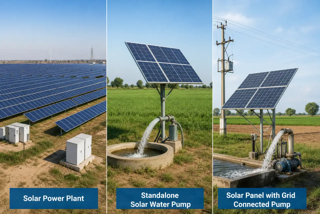PM-KUSUM components A B C: solar power plant, standalone solar pump and grid-connected solar pump