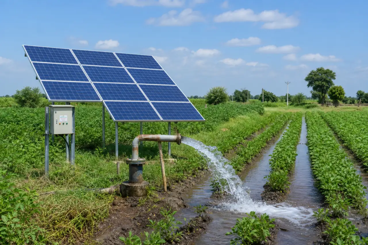 Standalone PM-KUSUM solar agriculture pump irrigating a green farm field in Maharashtra