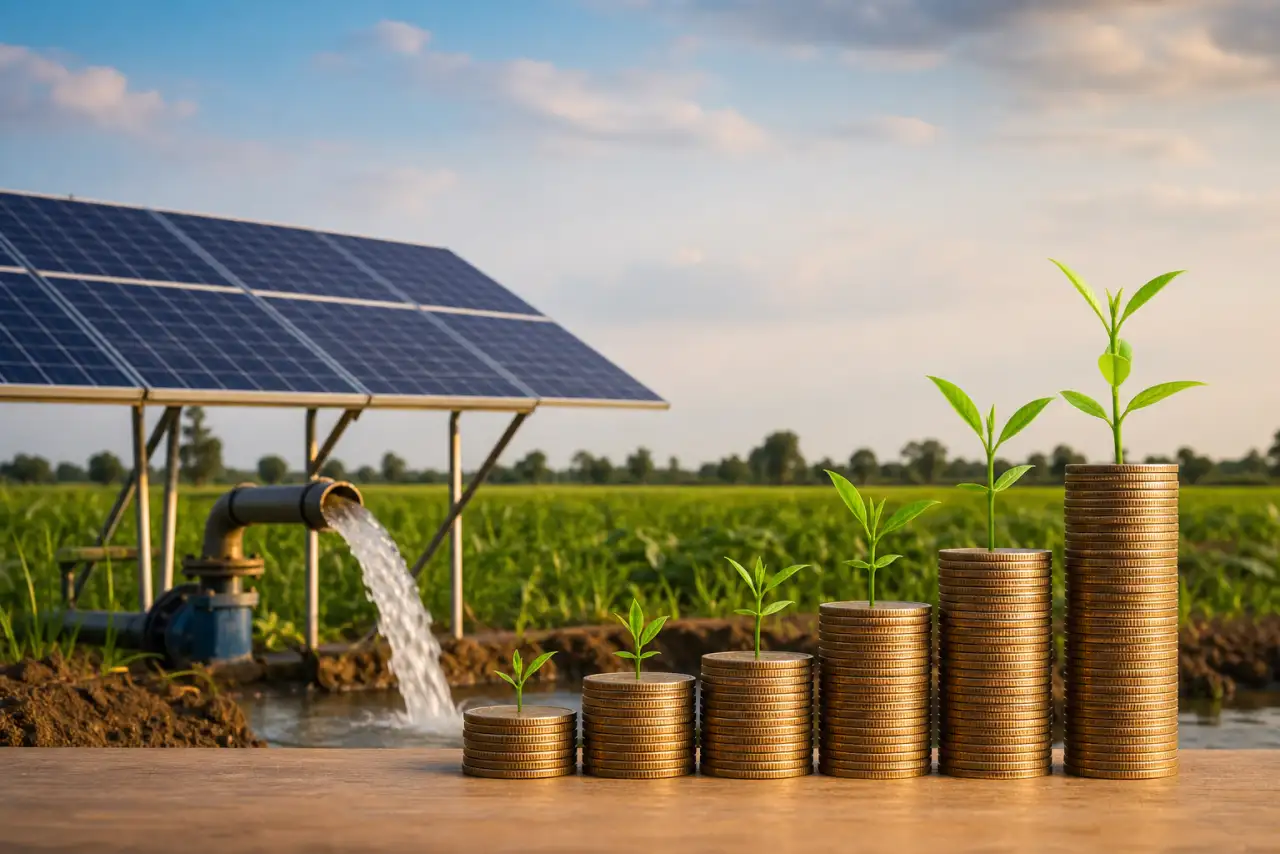 Solar pump with rising rupee coin stacks showing PM-KUSUM subsidy savings for farmers